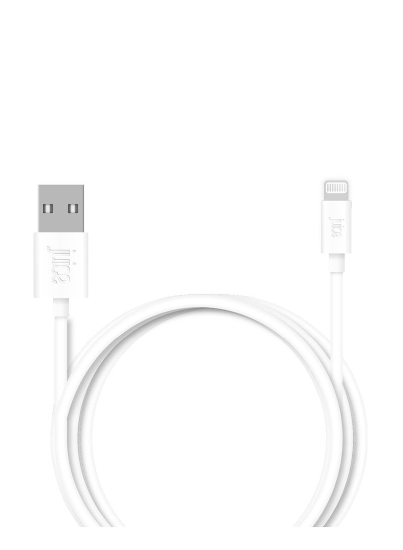 جوس كابل JUICE USB-A إلى Apple Lightning، مصنوع من مادة TPE معاد تدويرها بنسبة 100% ومعزّز للمتانة، يدعم الشحن ونقل البيانات، معتمد من MFI للشحن السريع، متوافق مع أحدث الطرازات: iPhone 17 و16 و15 و14 و13 و12 و11 Pro Max وXR وXS وX و8 وSE، بالإضافة إلى iPad، بطول 2 متر، باللون الأبيض. - Image 2